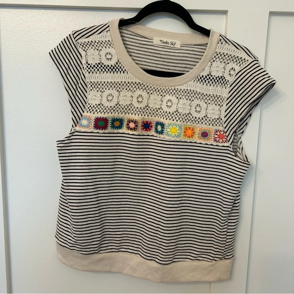 Women's Striped Crochet Top - Black and Cream